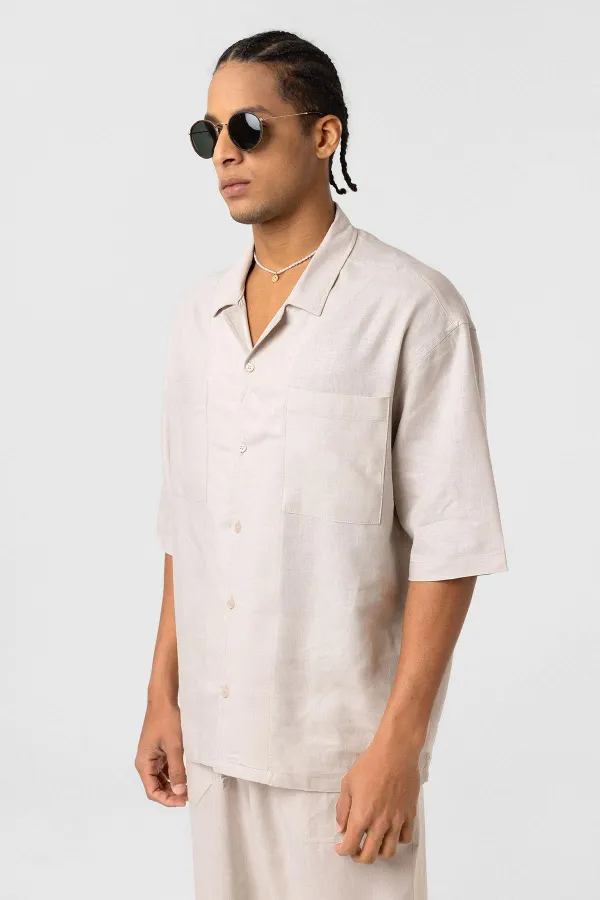 Double Pocket Oversize Linen Shirt, Beige