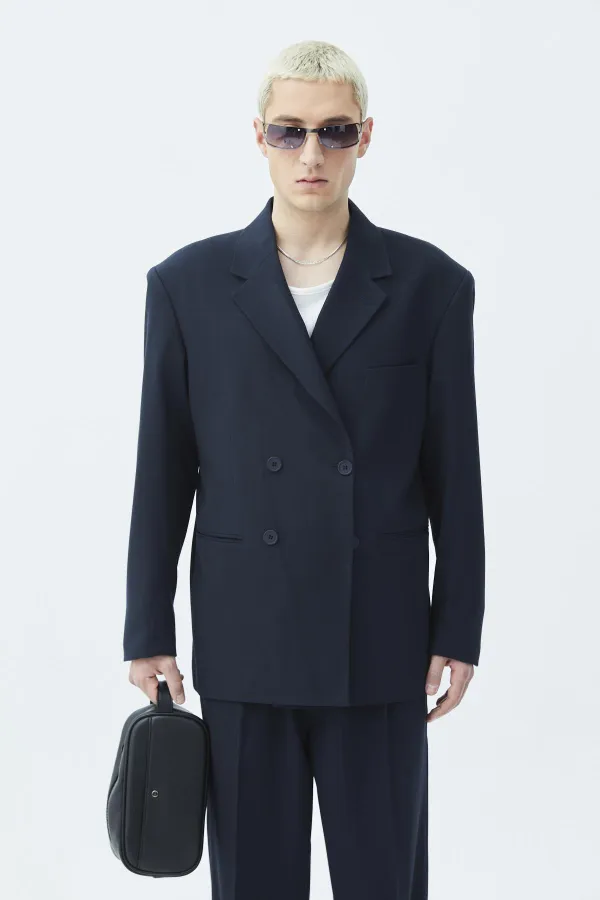 Costume croisé coupe décontractée, bleu marine