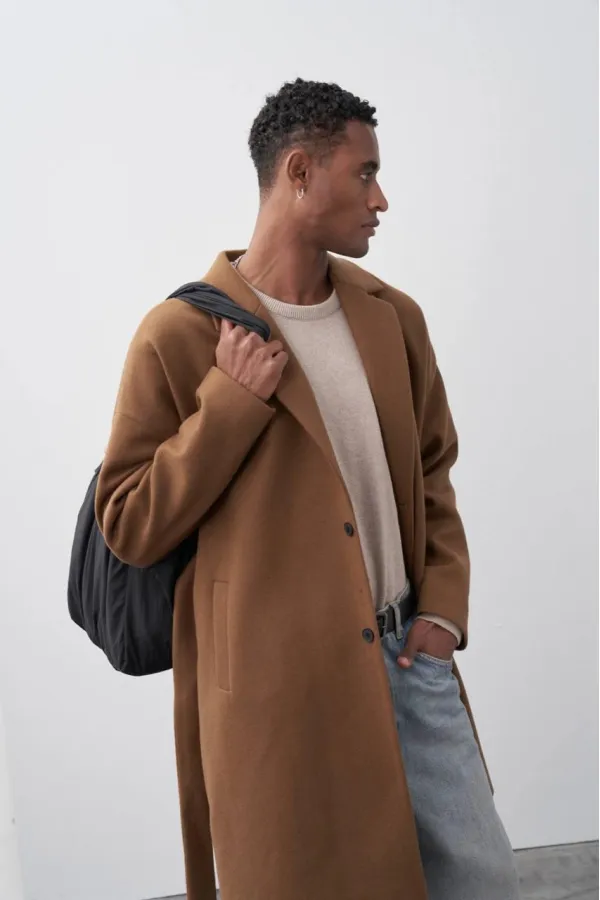 Kemerli Oversize Kaşe Kaban Kahve