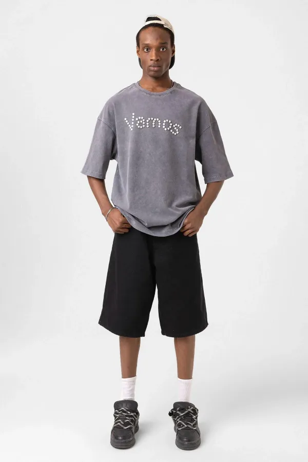 T-shirt oversize délavé à boutons, gris fumé