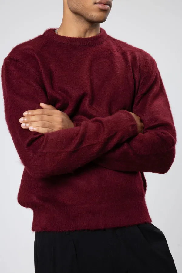 Oversize Yumuşak Dokulu Bisiklet Yaka Kazak Bordo