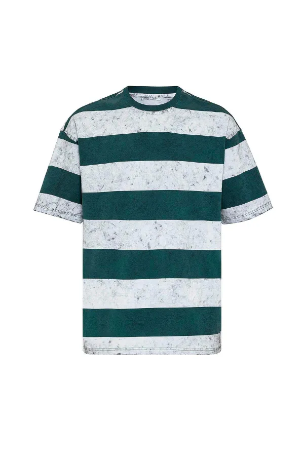 T-shirt oversize rayé délavé menthe - blanc