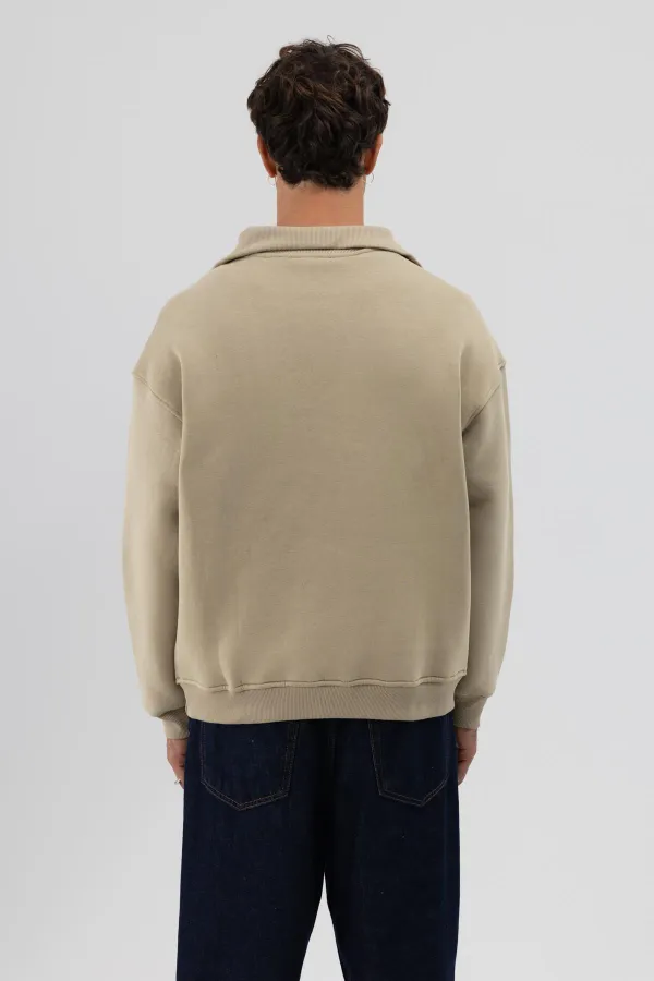 Sweat-shirt basique à fermeture éclair et col montant kaki