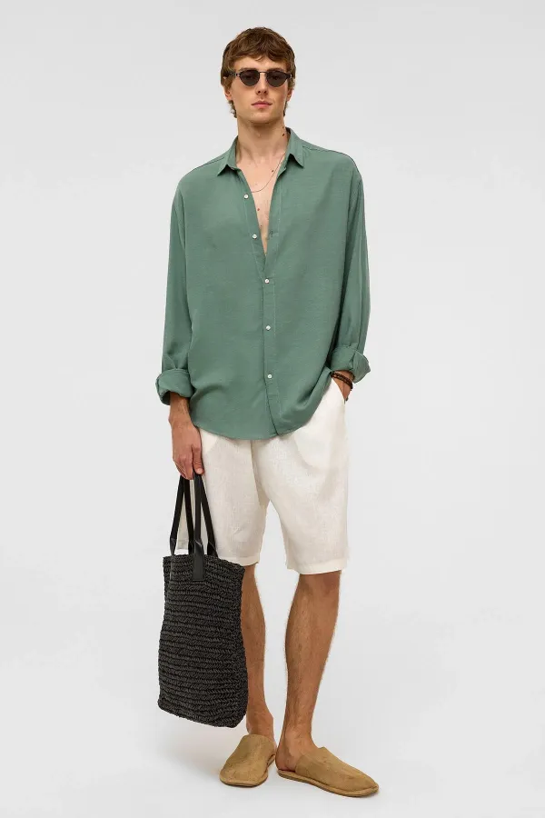 Oversize Uzun Kollu Keten Gömlek Haki