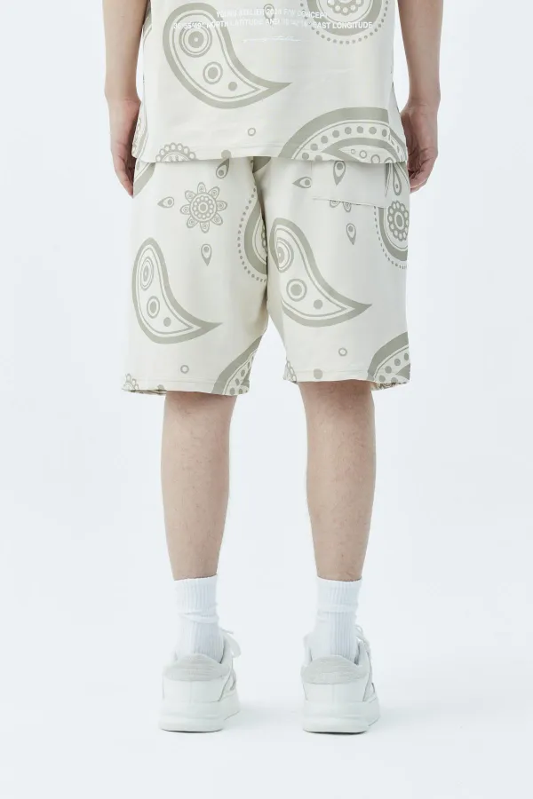 Oversize Desenli Şort Tişört Takım Bej