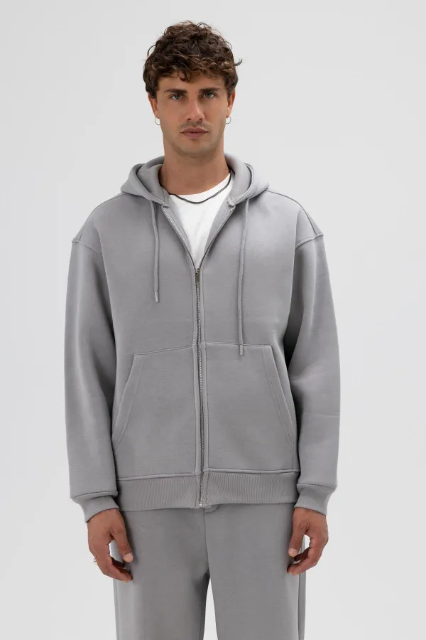 Basic Zip-Up Oversize Hooded Sweatshirt Grey