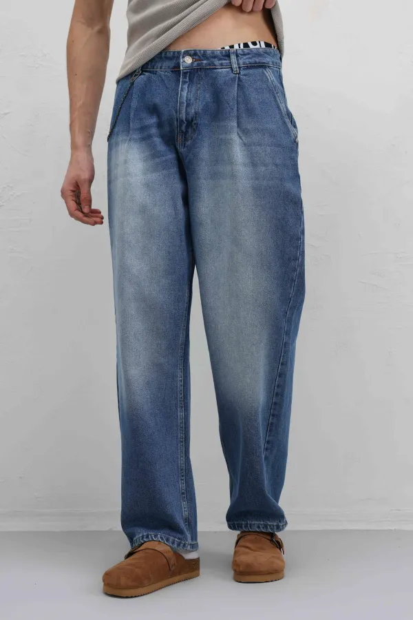 Pleated Baggy Jeans with Chain Detail, Blue