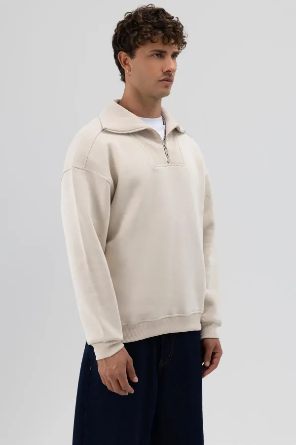 Basic Zip-Up Stand-Up Collar Sweatshirt Stone