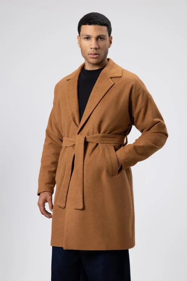 Kemerli Oversize Kaşe Kaban Taba