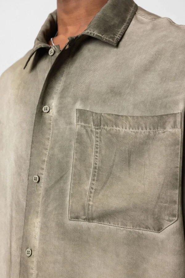 Yıkamalı Kısa Kollu Oversize Gömlek Haki