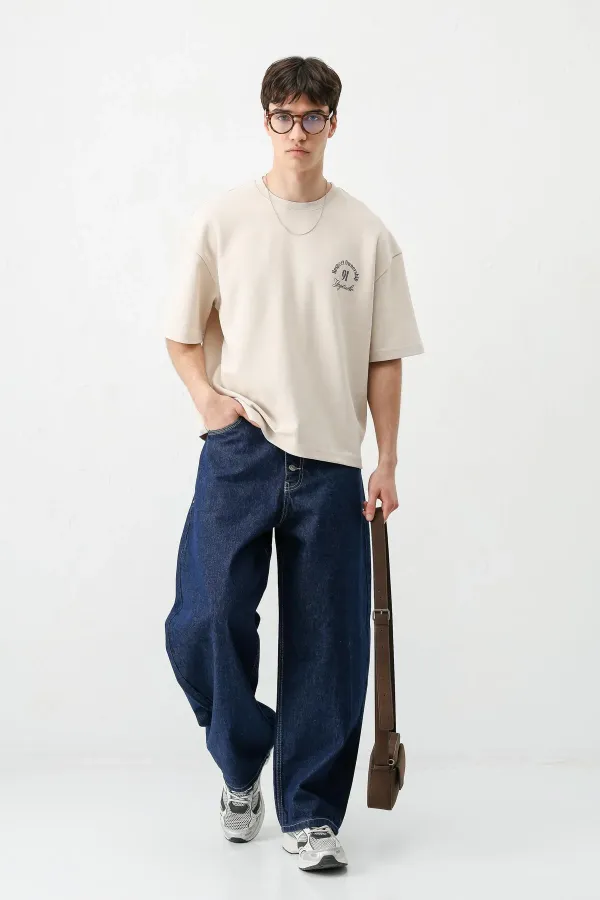 Kısa Kollu Boxy Fit Baskılı Tişört Taş