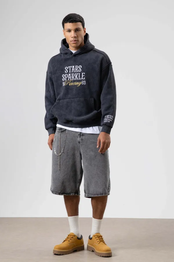 Oversize Nakış Baskılıkapüşonlu Sweatshirt Siyah