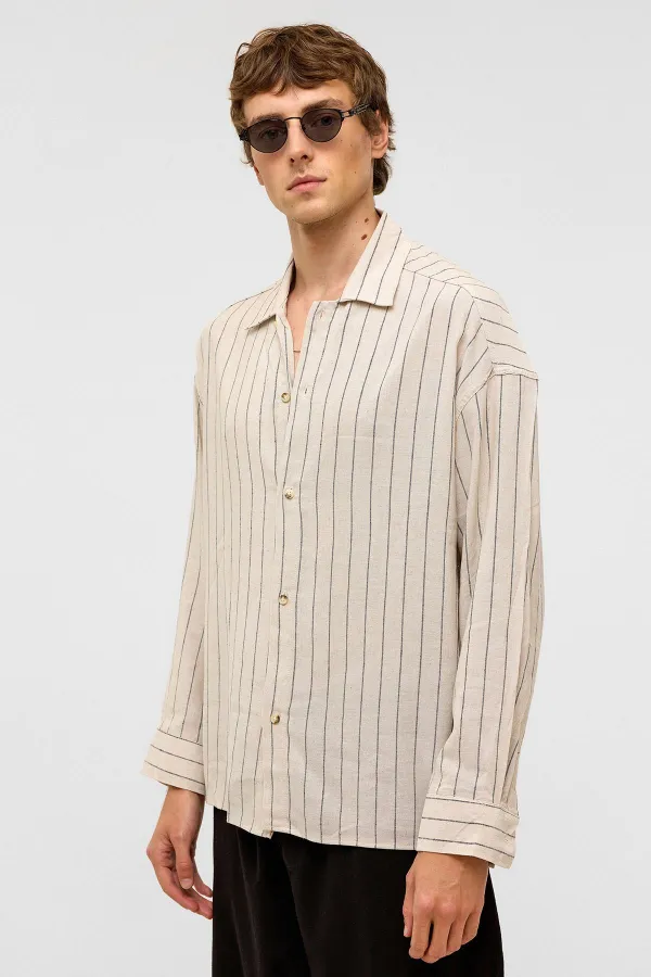 Oversize Uzun Kollu Çizgili Keten Gömlek Siyah