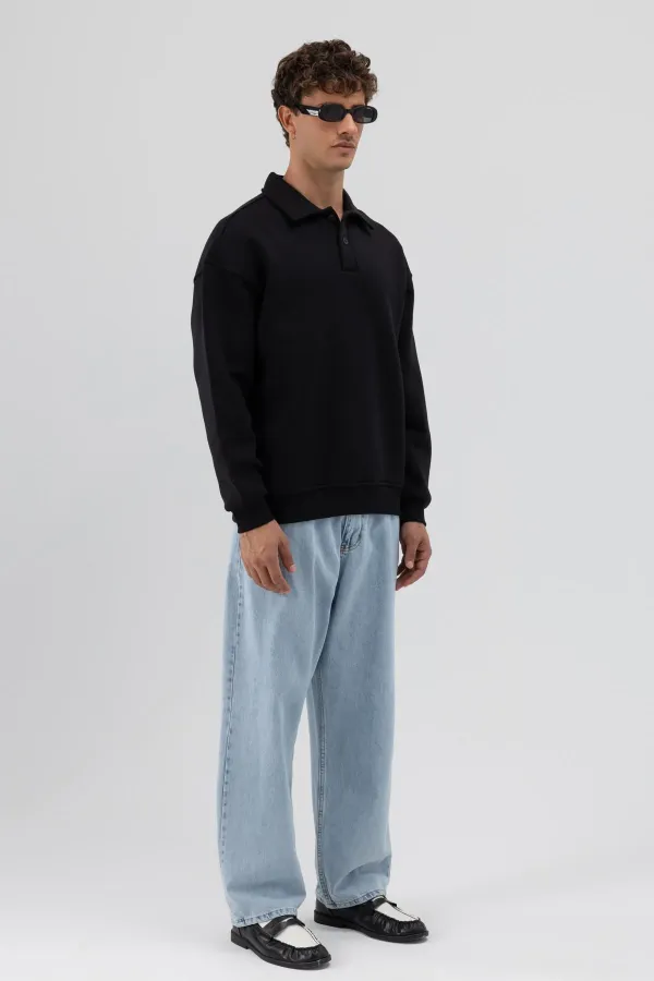 Basic Polo Yaka Sweatshirt Siyah