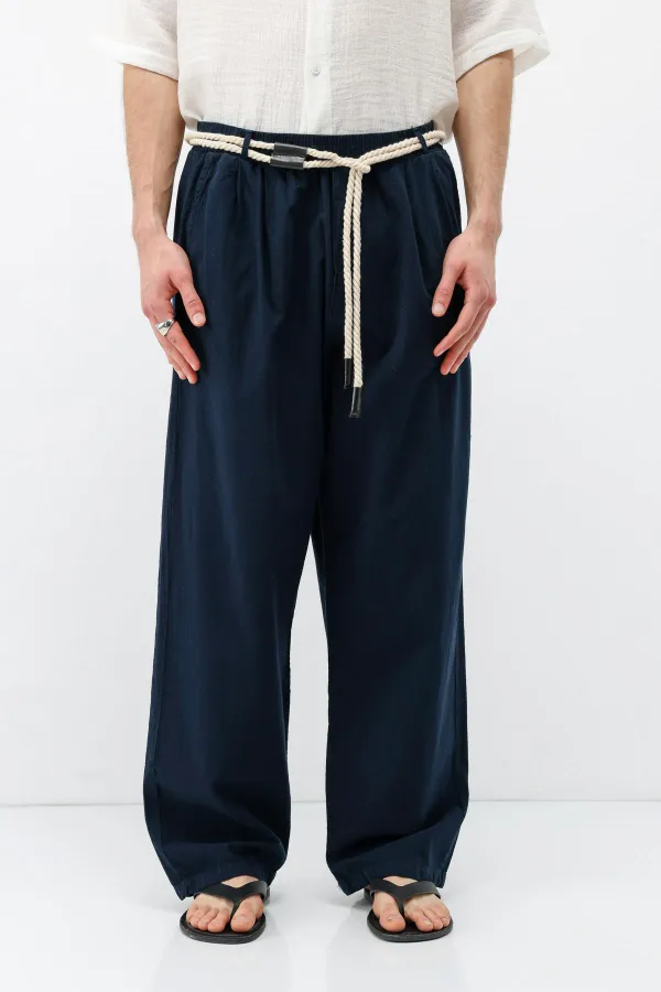 Oversize Linen Trousers with Belt Detail, Navy Blue