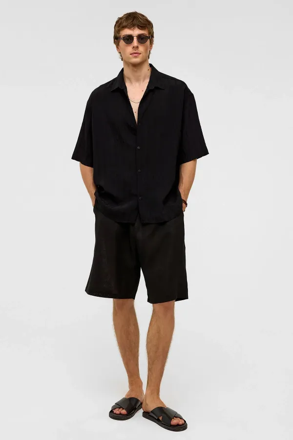 Oversize Striped Short-Sleeved Modal Fabric Shirt, Black