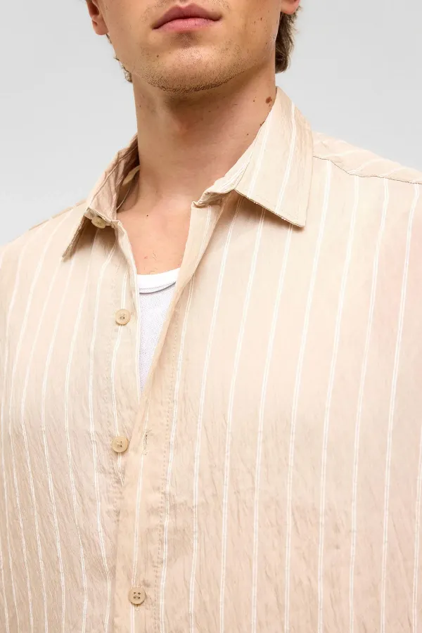 Oversize Çizgili Uzun Kol Gömlek Taş