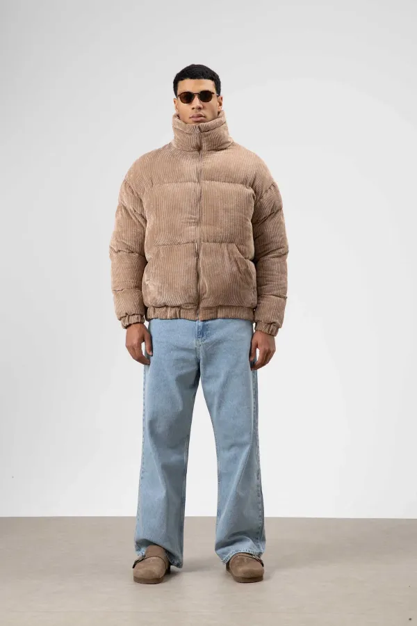 Oversize Kadife Şişme Mont Vizon