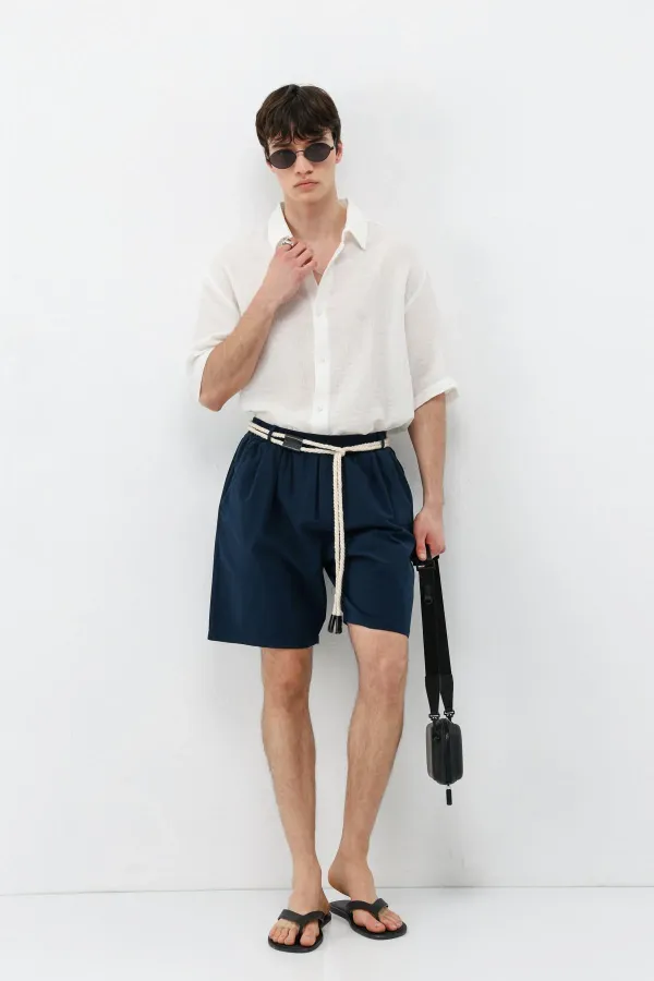 Kemerli Oversize Keten Şort Lacivert