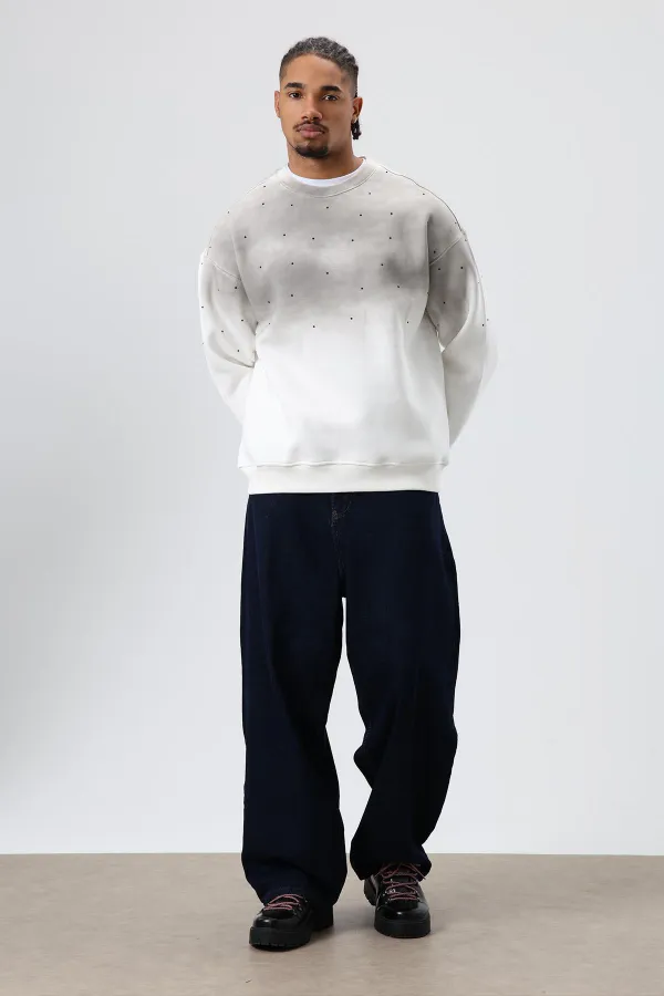 Sweat-shirt oversize à détails en pierre délavée, écru