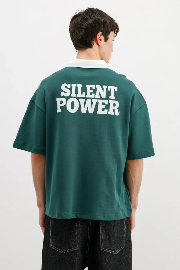 Fermuarlı Yaka Baskılı Oversize Tişört Nefti