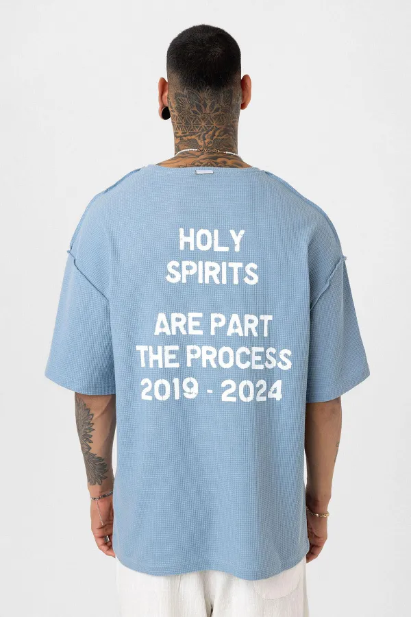 Arka Yazı Baskılı Oversize Triko Tişört Mavi
