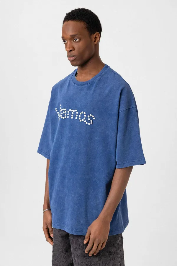 Yıkamalı Düğme Detaylı Oversize Tişört İndigo