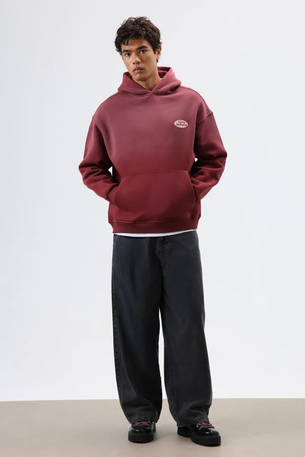Oversize Printed Hooded Sweatshirt Burgundy