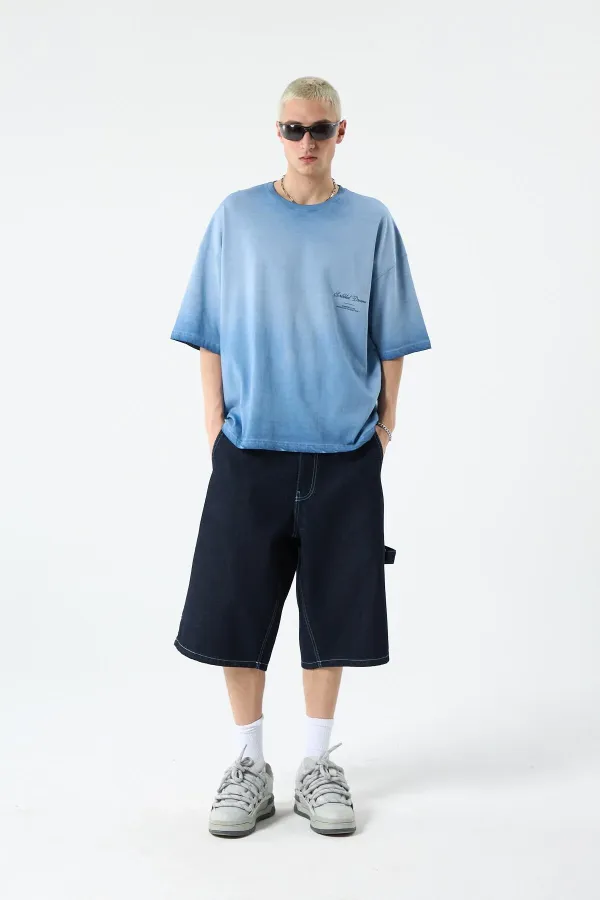 Yıkamalı Crop Tişört Açık Mavi