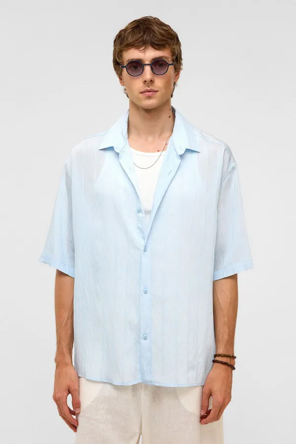 Oversize Çizgili Kısa Kollu Modal Kumaş Gömlek Bebe Mavi