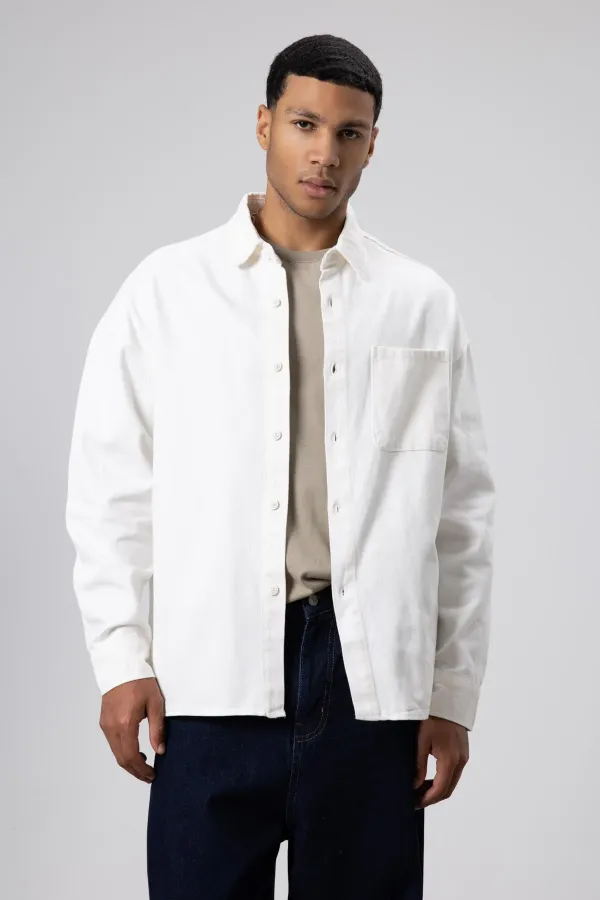 Oversize Gabardin Gömlek Ceket Beyaz