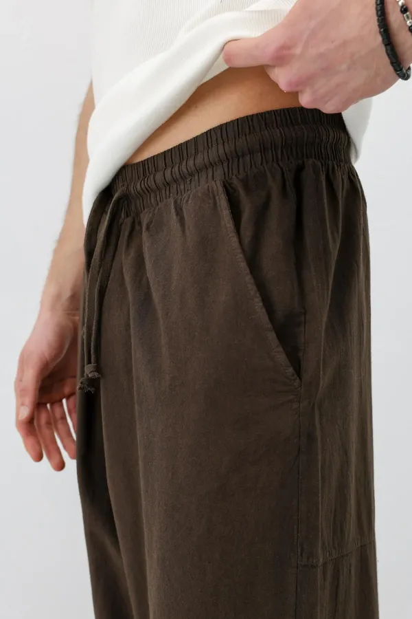 Super Baggy Fit Keten Pantolon Kahve