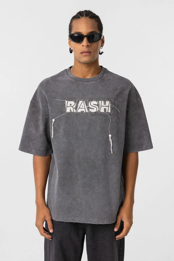 Yıkamalı Oversize Baskılı Tişört Füme