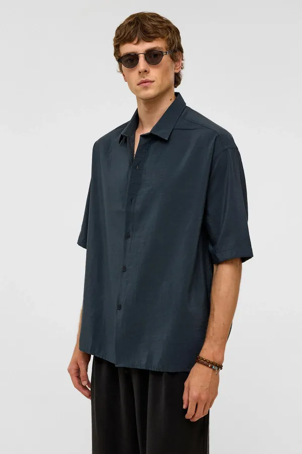 Basic Oversize Short-Sleeve Modal Shirt, Dark Gray