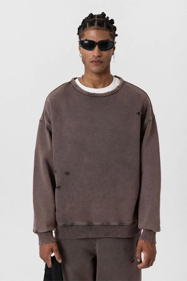 Premıum Yıkamalı Yırtık Detaylı Oversize Eşofman Takım Kahve