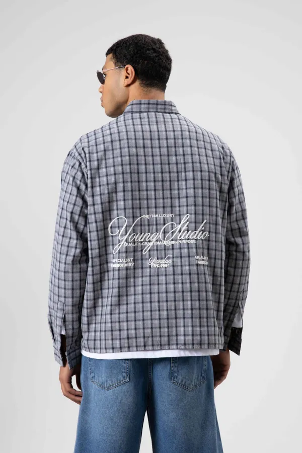 Oversize Kareli Arka Baskılı Uzun Kol Gömlek Gri-Lacivert