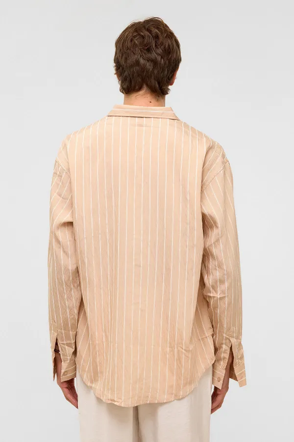 Oversize Çizgili Uzun Kol Gömlek Bej