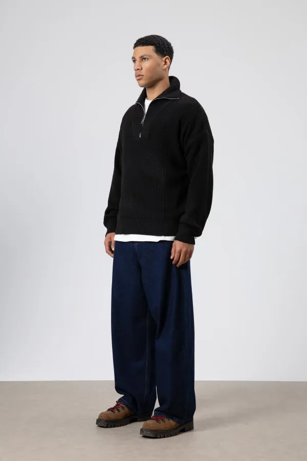 Yarım Fermuarlı Triko Kazak Siyah