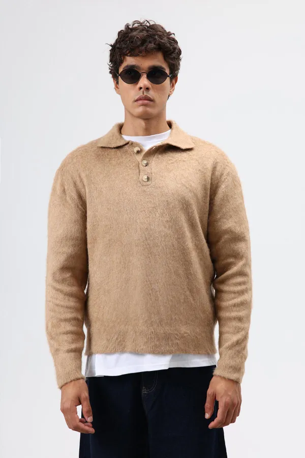 Pull en maille douce texturée beige à col polo