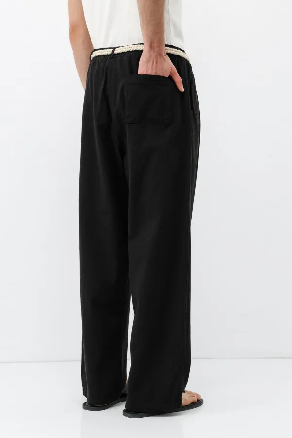 Kemer Detaylı Oversize Keten Pantolon Siyah
