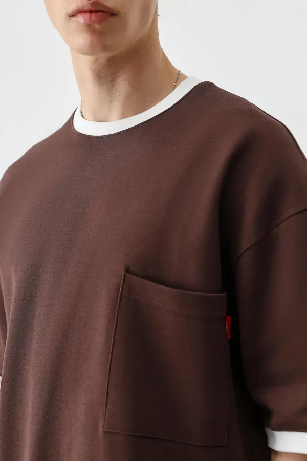 Kısa Kollu Oversize Cepli Tişört Kahve