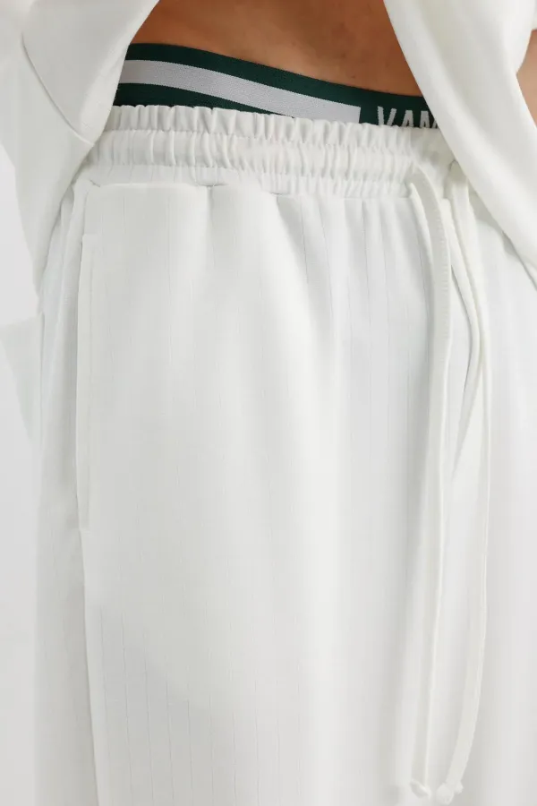 Fitilli Dokulu Baggy Eşofman Alt Ekru