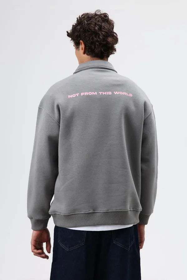 Polo Yaka Oversize Baskılı Yıkamalı Sweatshirt Füme