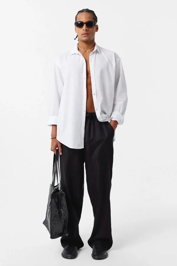Basic Oversize Pamuk Keten Gömlek Beyaz Basic Oversize Pamuk Keten Gömlek Beyaz