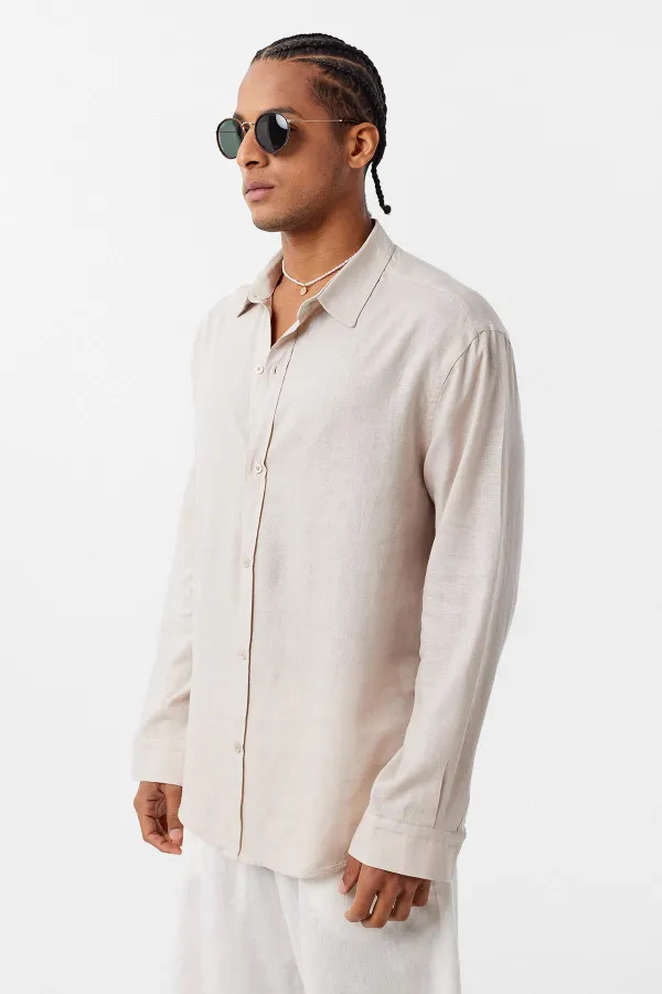 Basic Oversize Uzun Kollu Keten Gömlek Bej