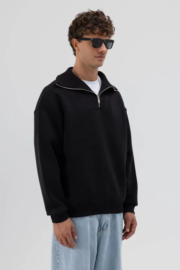 Sweat-shirt noir basique à fermeture éclair et col montant