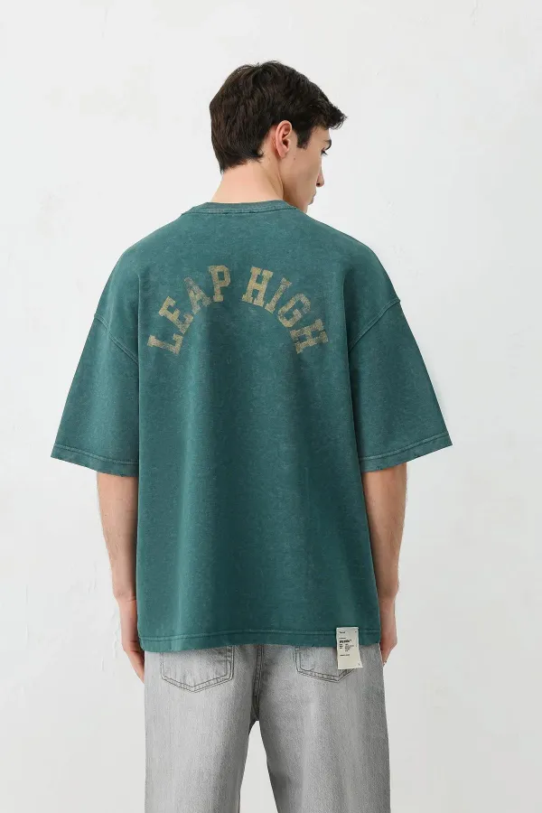 Yıkamalı Baskılı Oversize Tişört Nefti