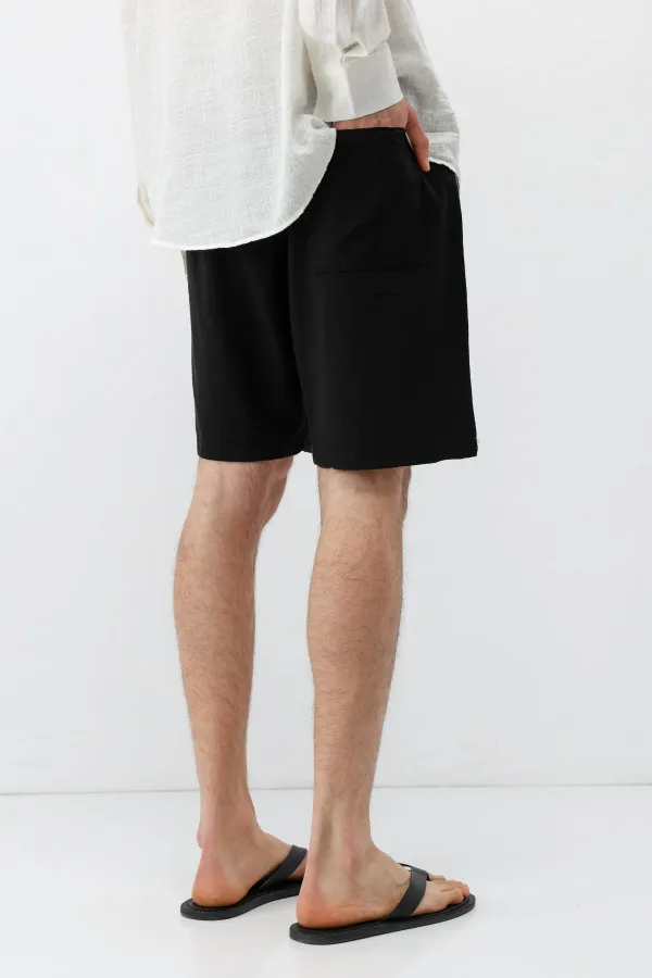 Kemerli Oversize Keten Şort Siyah