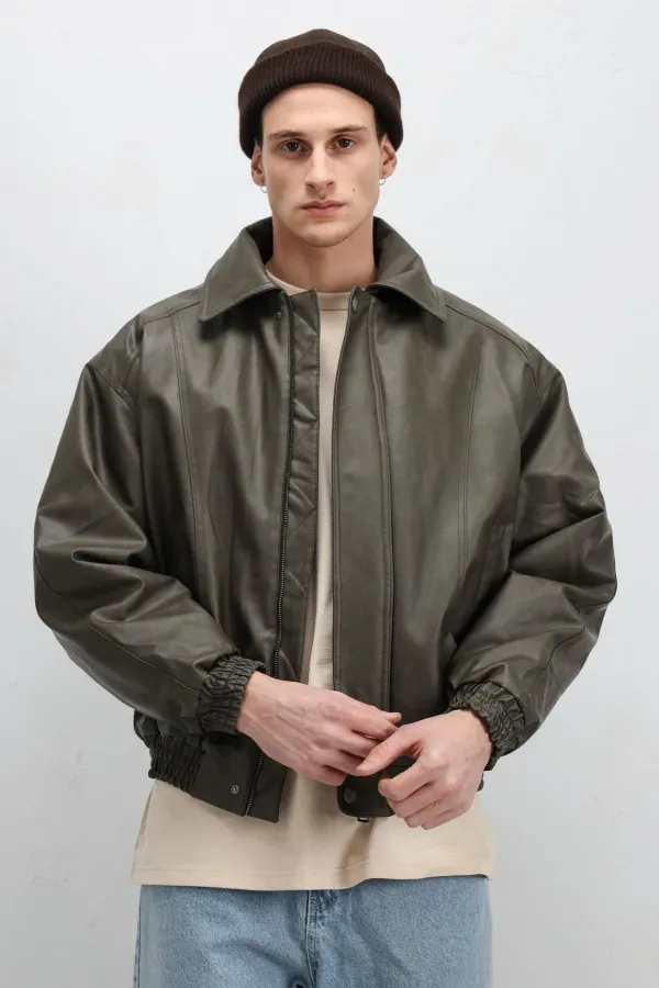 Blouson aviateur oversize en cuir kaki