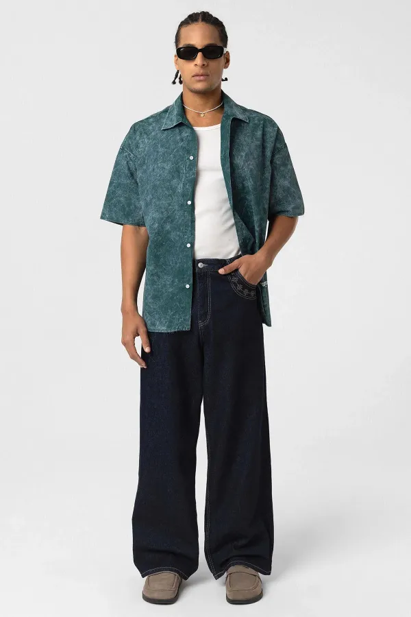 Yıkamalı Yazı Baskılı Oversize Kısa Kol Gömlek Nefti